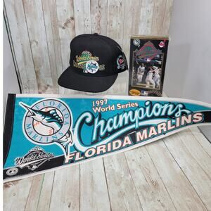 Vintage Florida Marlins 1997 World Series Champions Pennant, Hat. DVD MLB